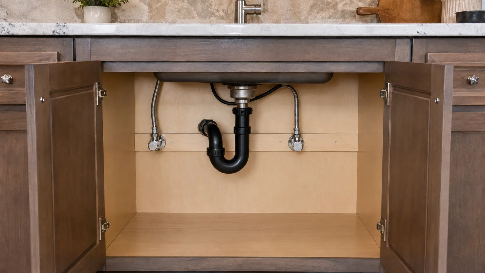 After: clean professionally repaired under-sink plumbing