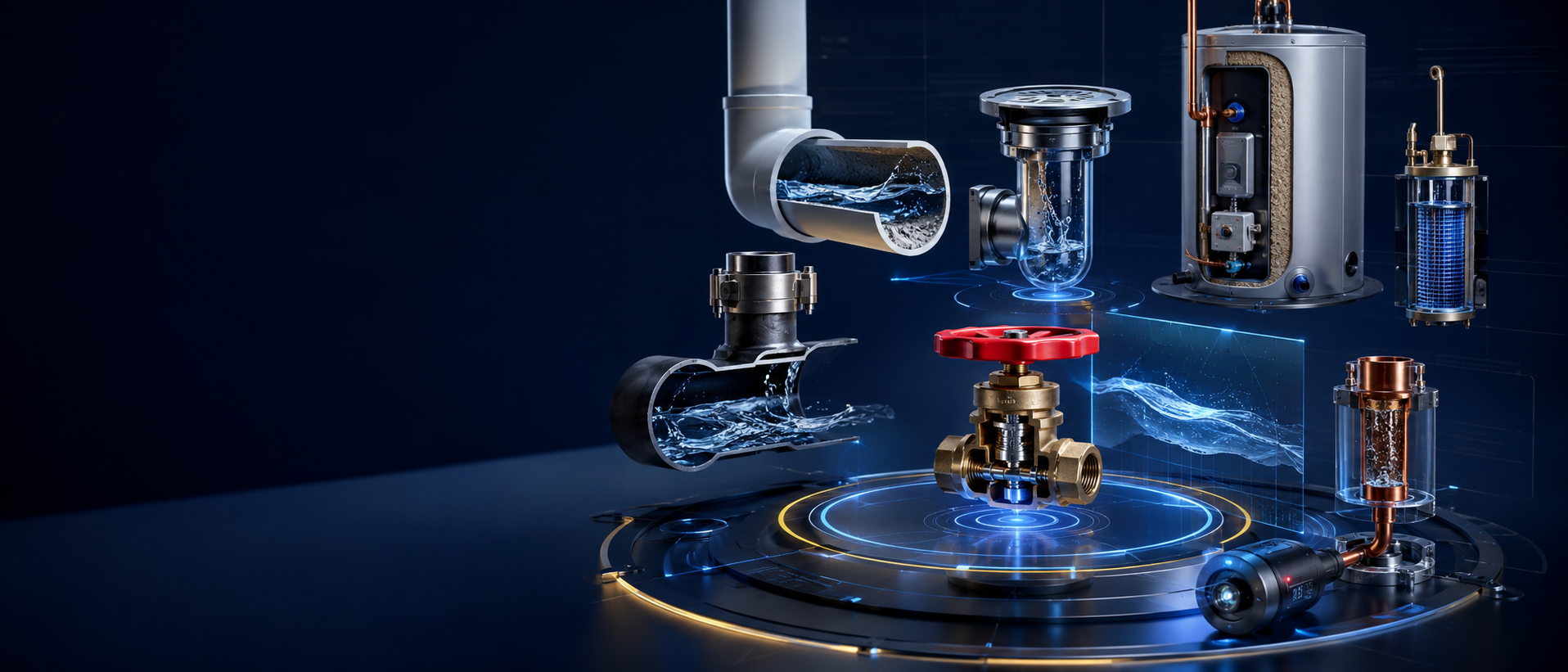 Three-dimensional plumbing knowledge lab with valves pipes and water heater components