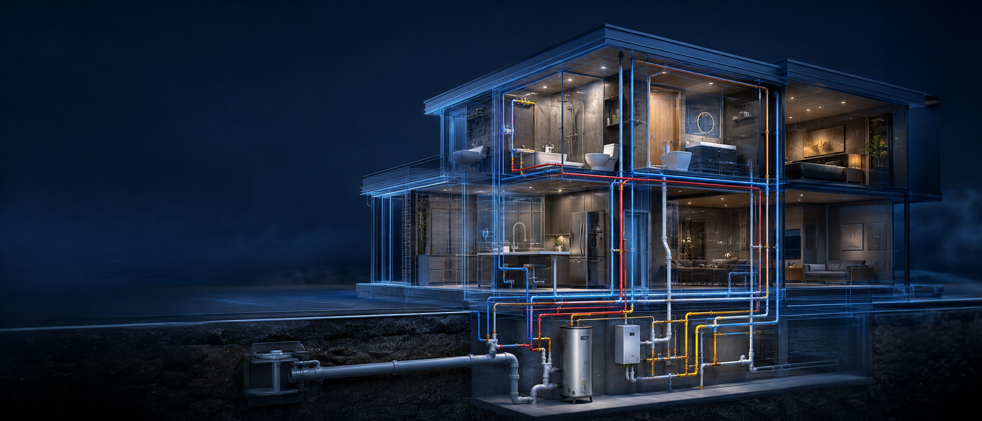 Three-dimensional cutaway of a connected home plumbing system